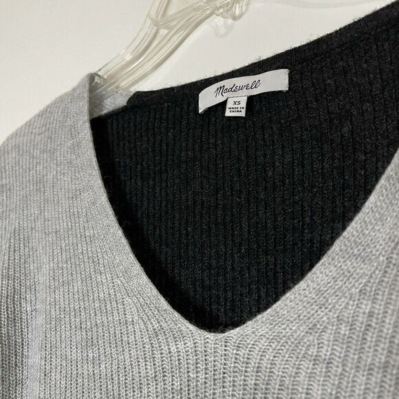 Madewell color block gray navy pullover vneck merino blend sweater size XS - Picture 2 of 6